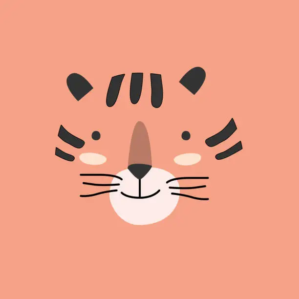 Vector illustration of cute simple tiger portrait on an orange color background.