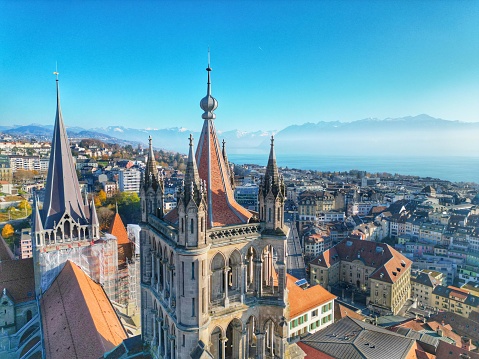 An aerial shot of the Lausanne Cathedral in Lausanne, Switzerland.