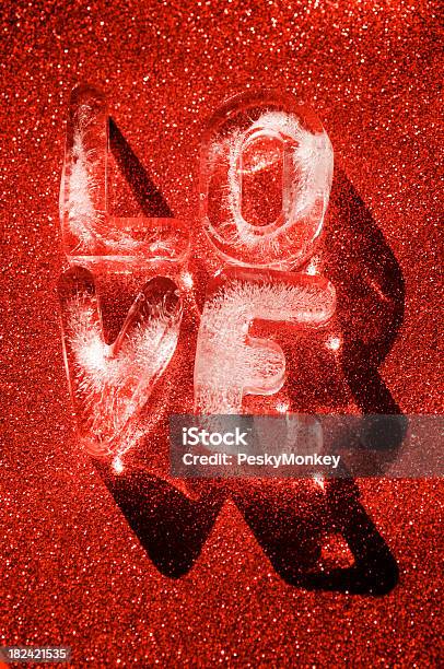 Crystal Ice Love On Red Sparkle Background Stock Photo - Download Image Now - Bright, Brightly Lit, Capital Letter