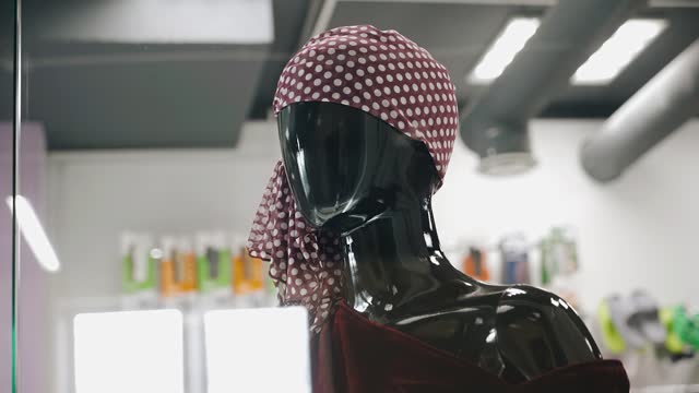 A black mannequin stands in a shop window with a bandana on its head. Close-up shooting