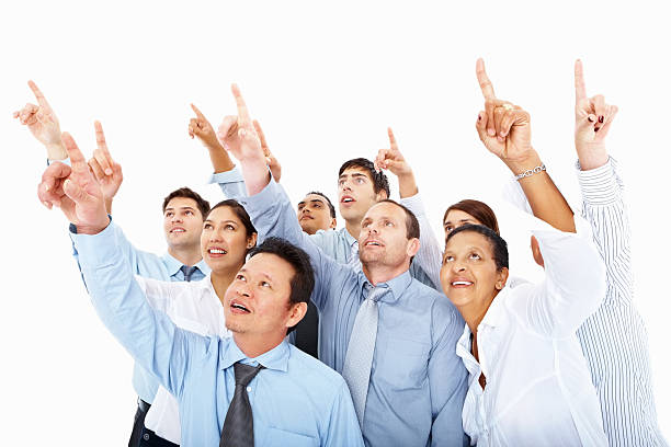 istock Group of business people looking and pointing upwards 182422070
