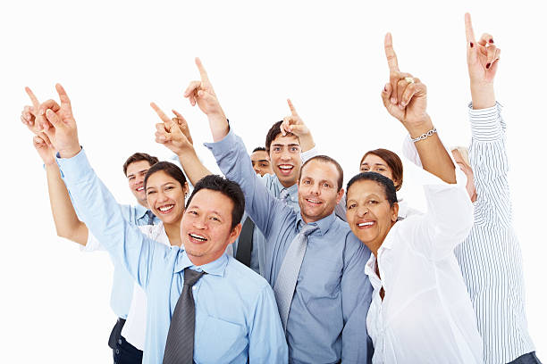 istock Business people pointing upwards on white 182422073