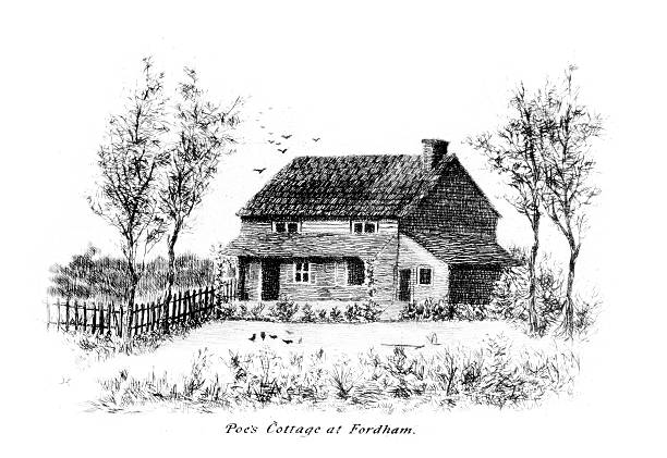 Edgar Allan Poe's Cottage at Fordham Vintage engraving of Edgar Allan Poe's Cottage at Fordham edgar allan poe stock illustrations