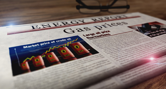 Gas prices energy market and fuel business daily newspaper on table. Headlines news abstract concept 3d illustration.