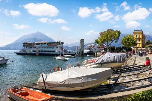 Stresa, Italy - 12 October 2019: Excursion cruise boat on Lake Maggiore on a tour between Borromean Islands, Italy