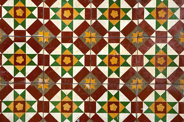Decorative tiles with yellow and light blue green colors with purple forming a pattern