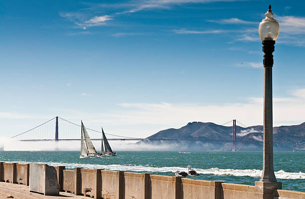 yacht a vela sulla baia di san francisco golden gate bridge marin headlands - golden gate bridge bridge san francisco county summer foto e immagini stock