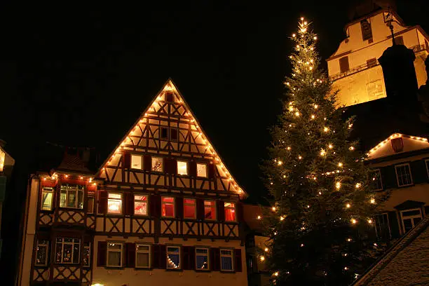 illuminated gables and christmas tree in small Swabian town in South Germany My building and building parts are collected here: