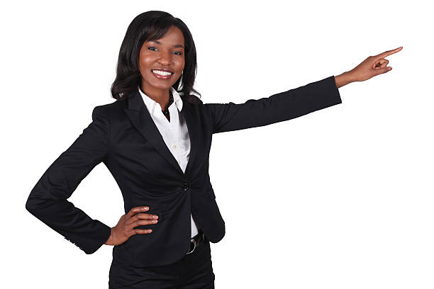 istock Isolated businesswoman pointing and presenting 182424537