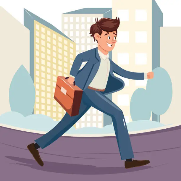 Vector illustration of Young man walking fast on the street  with a briefcase to the office, home, meeting. Business concept illustration outdoor