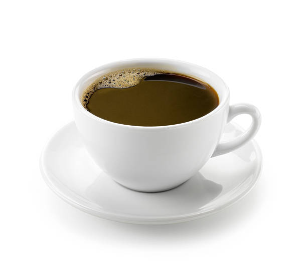 istock Closeup of coffee in white mug on saucer on white background 182425455