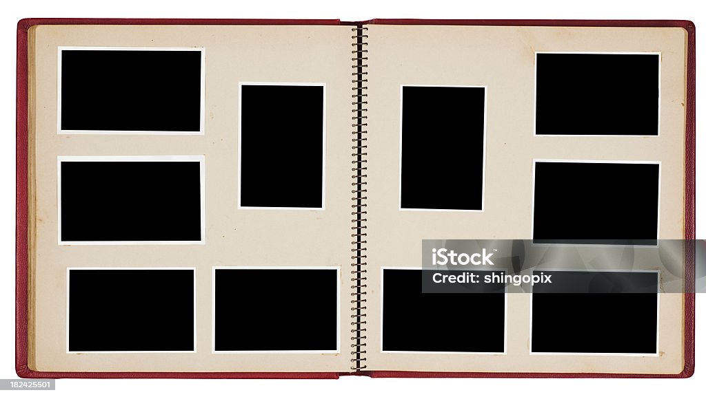 Photo album Old unfolded red leather photo album isolated on pure white. Cut out photographs on the pages. Clipping paths for the album and the photographs are included.See also: Photo Album Stock Photo