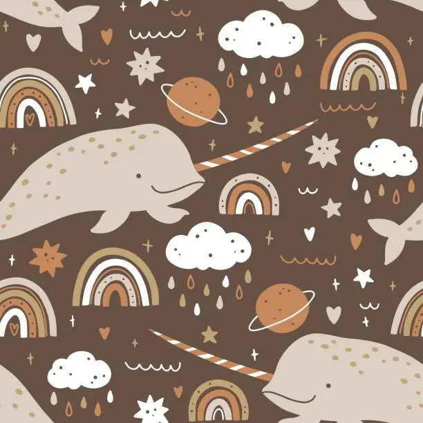 Vector illustration of Narwhal seamless pattern in simple hand drawn scandinavian style. Cute sea animal with simple rainbow elements with rain, planets and stars in a gender neutral palette. Vector nursery illustration.
