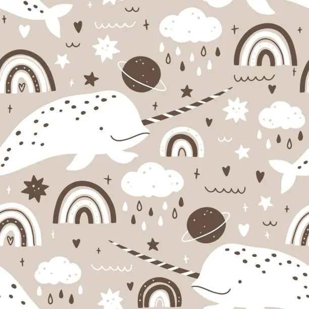 Vector illustration of Narwhal seamless pattern in simple hand drawn scandinavian style. Cute sea animal with simple rainbow elements with rain, planets and stars in a gender neutral palette. Vector nursery illustration.