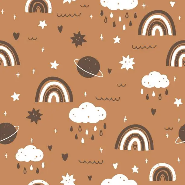 Vector illustration of Boho kids seamless pattern in simple hand drawn Scandinavian style. Cute simple elements of rainbows with rain, planets and stars in an earthy gender neutral palette. Vector nursery illustration.
