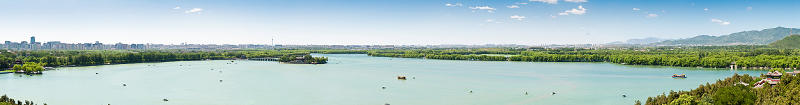 XXXL panoramic vista across the pagodas, shrines, temples and courtyards of the historic Summer Palace overlooking the tranquil waters of Kunming Lake to the modern skyline of Beijing, China's vibrant capital city, beyond. ProPhoto RGB profile for maximum color fidelity and gamut.