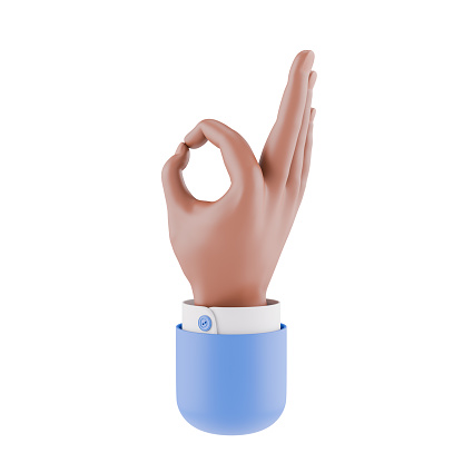 3D rendering of a stylized cartoon hand with a light peach skin tone making an OK gesture, emerging from a blue sleeve against a white background.