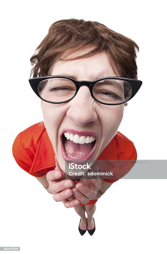 Laughing Geeky Woman A fisheye image of a nerdy looking woman in cat's eye glasses laughing. Adult Stock Photo