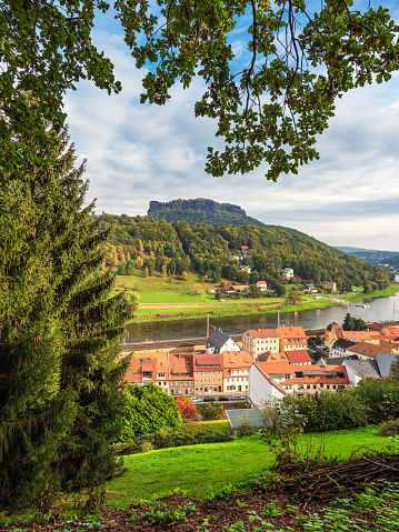 View over the river Elbe to the Saxon Sandstone Mountains, Germany.