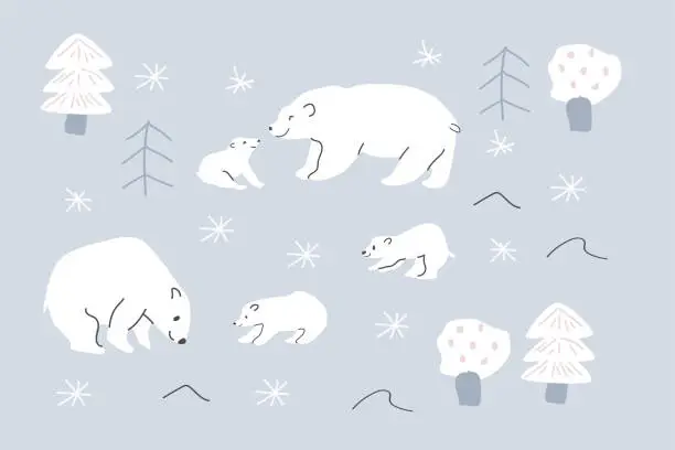Vector illustration of set of cute polar bear moms and kids with trees