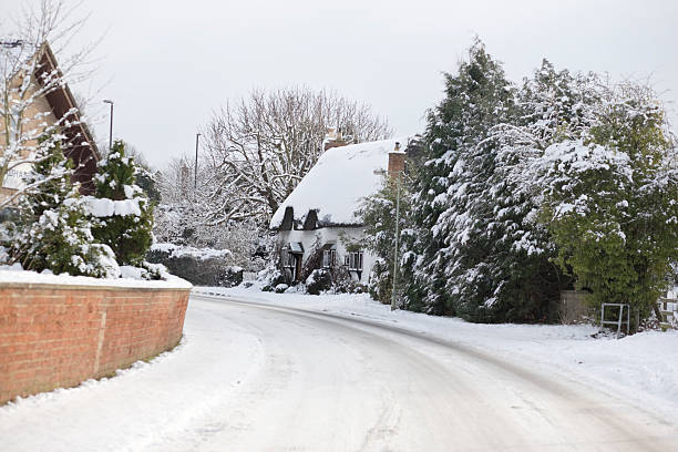 istock Thatched cottage in the snow landscape 182428315