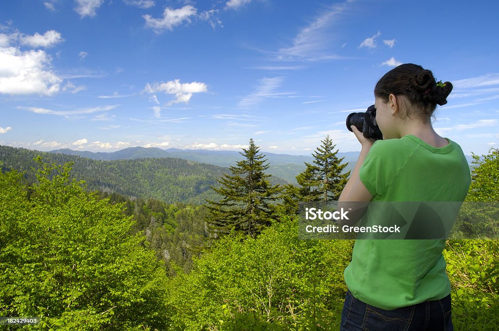 Giovane femmina fotografo in Montagne Fumose - Foto stock royalty-free di Grandi Montagne Fumose