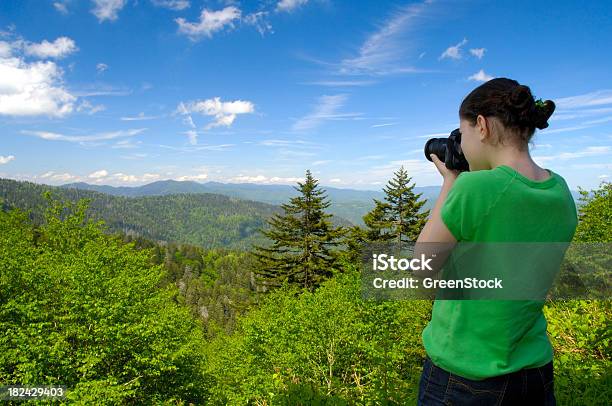 Giovane Femmina Fotografo In Montagne Fumose - Fotografie stock e altre immagini di Grandi Montagne Fumose - Grandi Montagne Fumose, Parco Nazionale Great Smoky Mountains, Fotografare