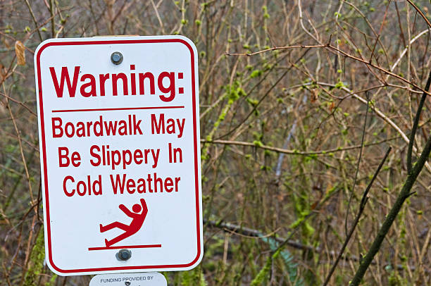 istock Warning sign that boardwalk may be slippery 182429737