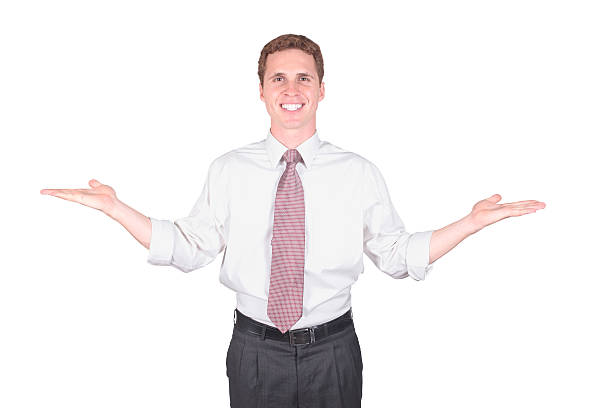 Isolated businessman hands out holding copy space