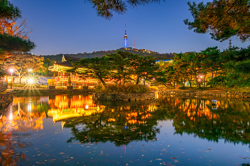 The Pond Pavilion and Thorn Tower are beautiful tourist attractions in South Korea. Photographed on October 29, 2023.
