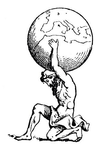 In Greek mythology, Atlas is a Titan condemned to hold up the heavens or sky for eternity after the Titanomachy. Atlas also plays a role in the myths of two of the greatest Greek heroes: Heracles ( Hercules in Roman mythology ) and Perseus.
Original edition from my own archives
Source : Larousse 1899