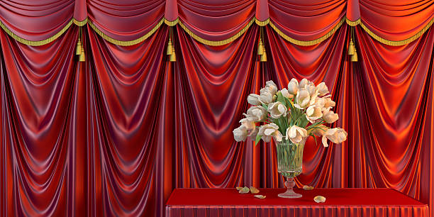 Luxury vase with a bouquet of tulips on red curtains background. 3D render.