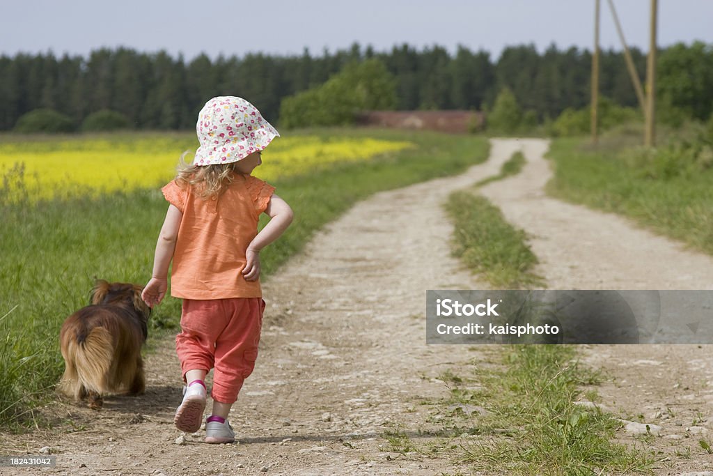 Bambina con il suo cane a piedi - Foto stock royalty-free di 12-17 mesi