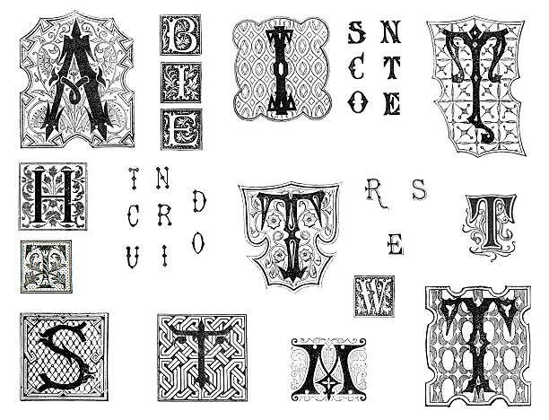 различные ретро алфавит букв - letter t letter a ornate alphabet stock illustrations