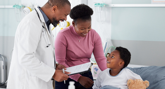 Results, doctor or child with mother in hospital bed for good news, report or healthcare insurance. Kid, paper or African pediatrician with prescription or checklist for a happy mom or black woman