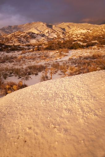 close up of snow reveals natural pattern and texture.  a desert meadow and the sandia mountains in the distance are highlighted by golden sunset light creating dramatic scenery and ideas of contrasts.  selective focus on snow.  vertical composition with copy space.