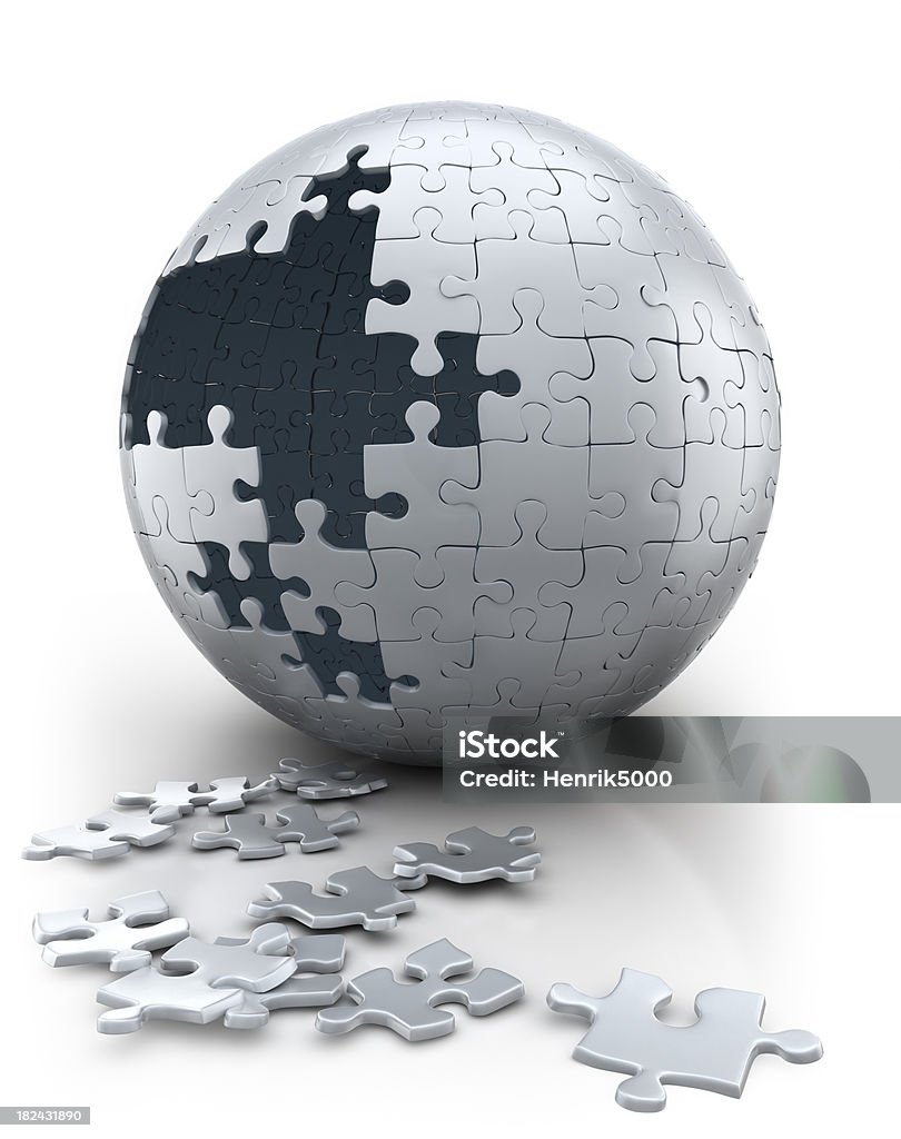 Spherical puzzle in progress - neutral white (Clipping path) "Globe puzzle in progress with pieces on the floor, neutral white color, isolated on white, clipping path included" Jigsaw Puzzle Stock Photo