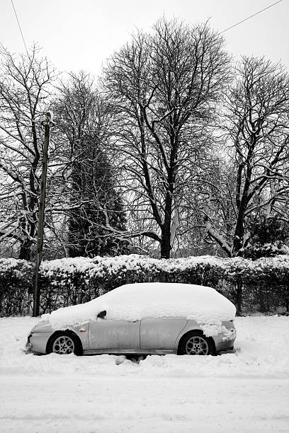 istock Snow covering road, trees and car 182432163