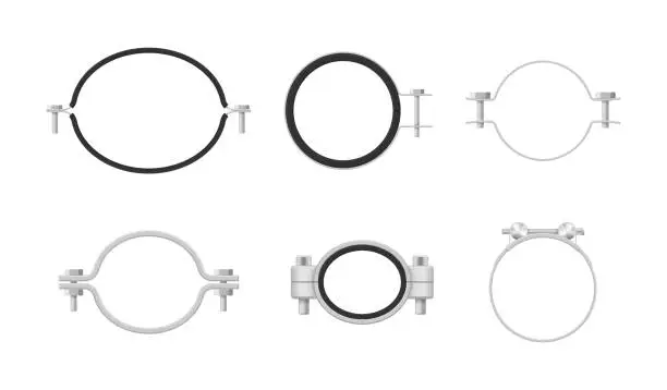 Vector illustration of Pipe clamps steel hose band circle equipment for metallic tube set realistic vector illustration