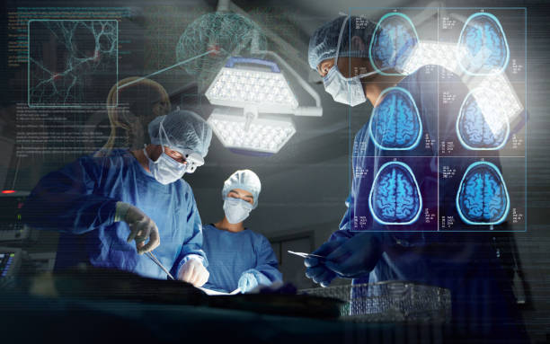 手術、チームおよびオーバーレイ神経学の作業研究操作または病院の劇場、自信または患者の信頼。男性の人、手、脳の解剖学、頭蓋骨、医師のための専門の道具 - 脳外科手術 ストックフォトと画像