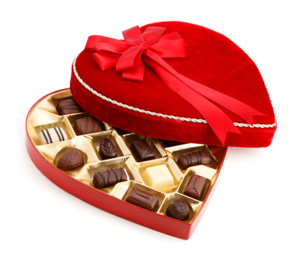 A heart shaped box of chocolates.
