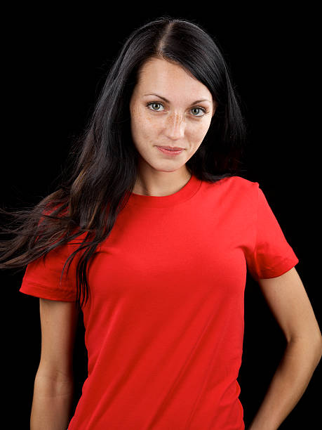 istock Young woman with blank red shirt 182432378