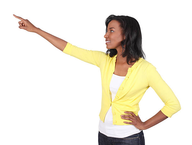 istock Isolated casual female pointing upward 182432620