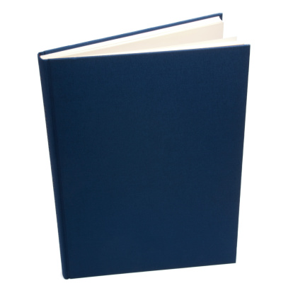 Blue canvas book standing on white background.