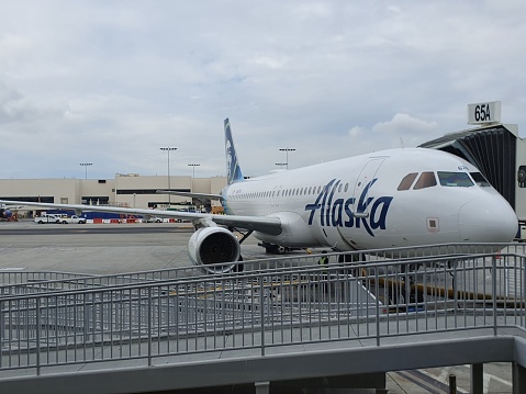 Los Angeles, United States – May 10, 2019: The Alaska airline airplane in Los Angeles airport