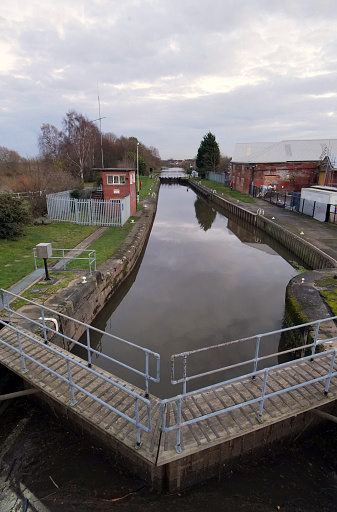 Ferrybridge, UK 11 28 2023 : View looking down onto the entrance of the Aire & Calder Navigation Main Line.