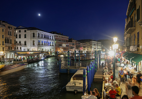 Venice, Italy - September 4, 2022: The Grand Canal near the Rialto Bridge at night