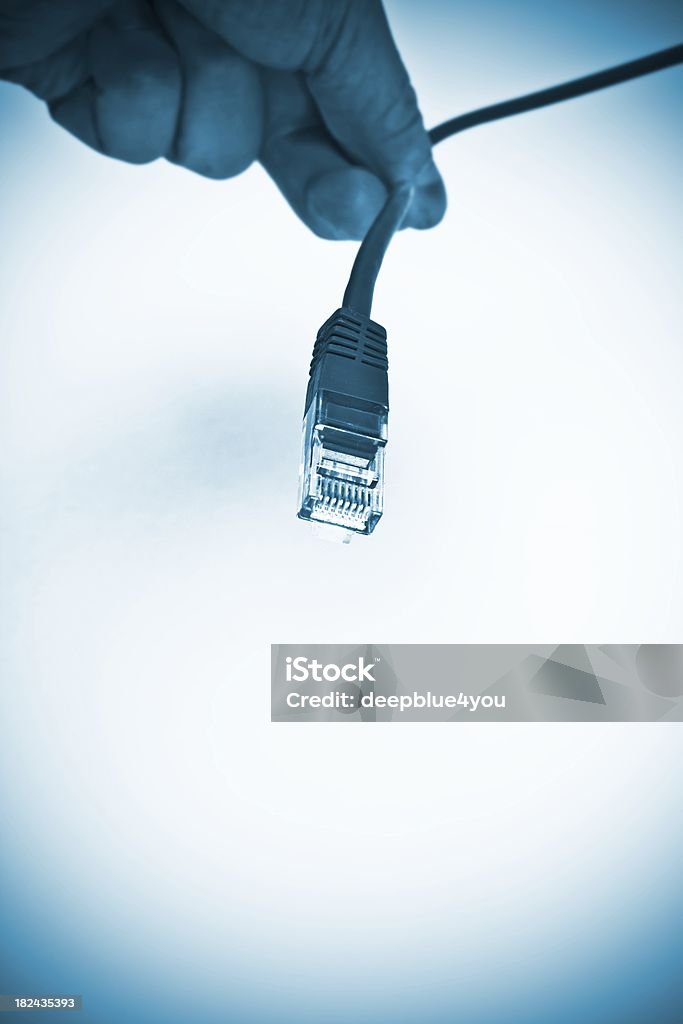 a hand holding up an Ethernet cable on a white background global communication Accessibility Stock Photo