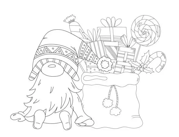 Vector illustration of Santa'S Sack With Gifts And Candies And Christmas Gnome