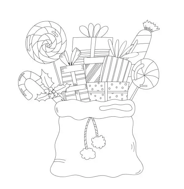 Vector illustration of Santa'S Sack Full Of Gifts And Candies For New Year